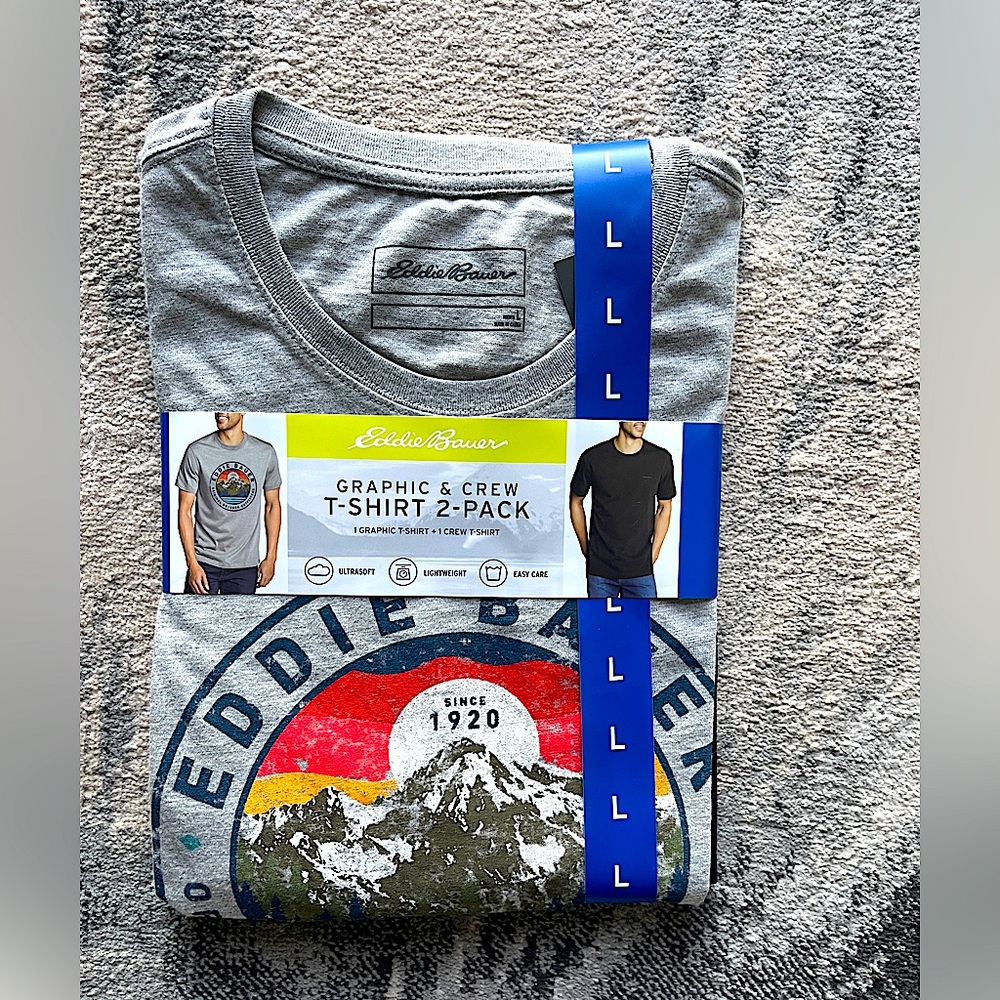 NWT Eddie Bauer Graphic Crew Neck T-Shirts (2), Gray/Black, Men’s Size L